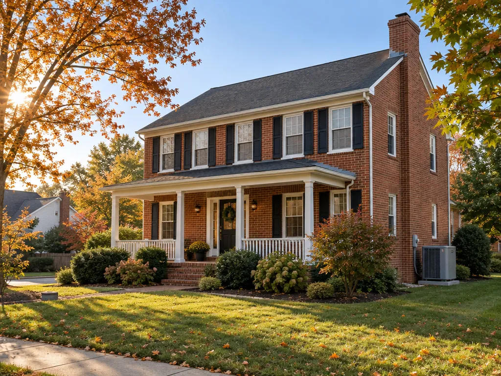 A brick Maryland home with a heat pump outside